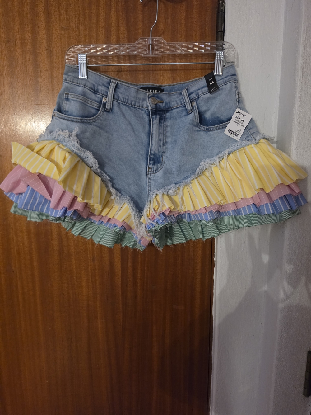 Denim Ruffle Hem Shorts with Pastel Stripe Ruffles
